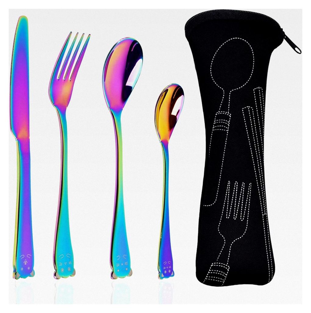 Regenbogen Besteckset, Messer, Gabel, Löffel aus Edelstahl, Utensilien-Set mit Aufbewahrungstasche, hochglanzpoliert, spülmaschinenfest