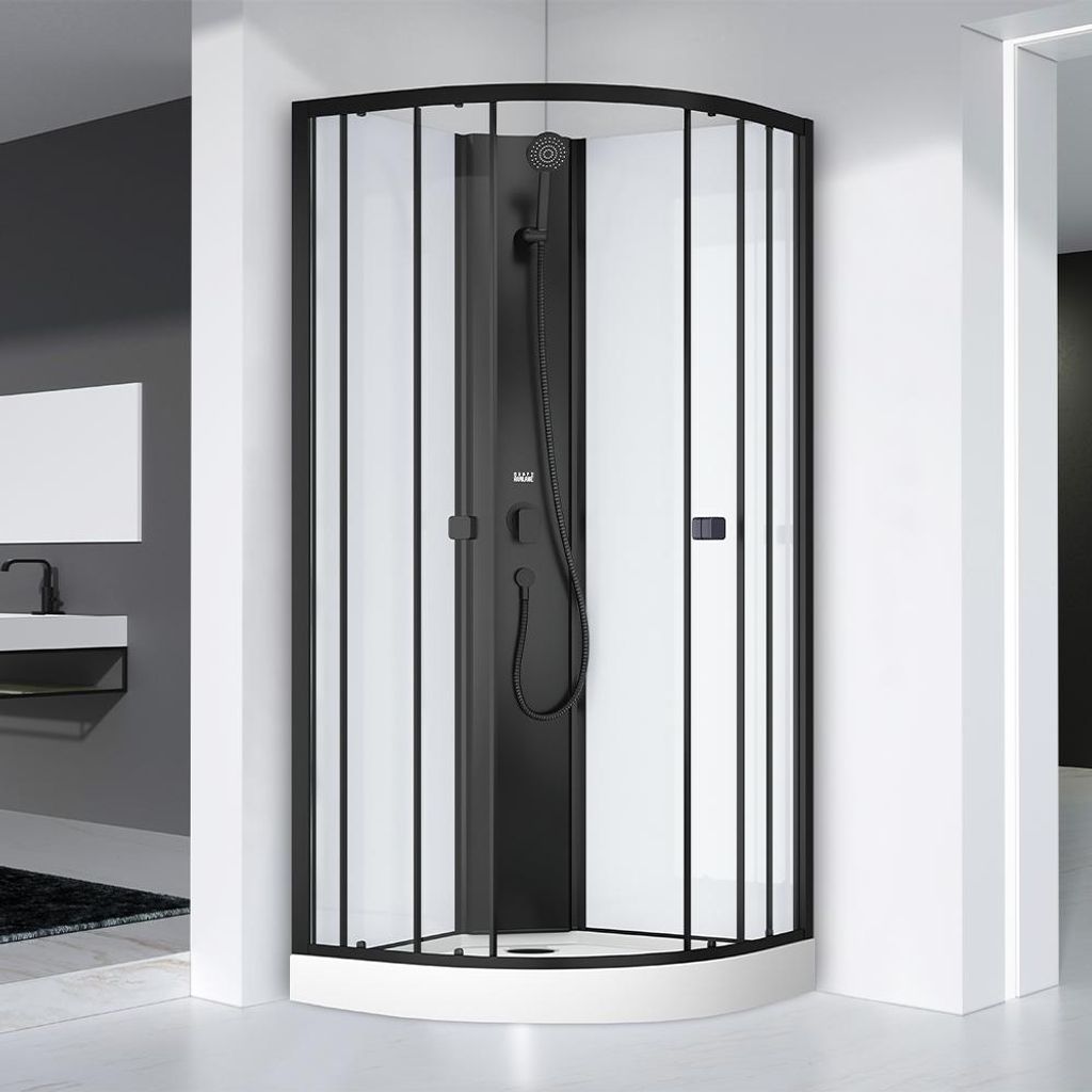 Komplettdusche 85x85x198 Schwarz/Weiß - MARWELL Prime Style – Fertigdusche mit Acrylwanne, Armatur & 4 mm Sicherheitsglas