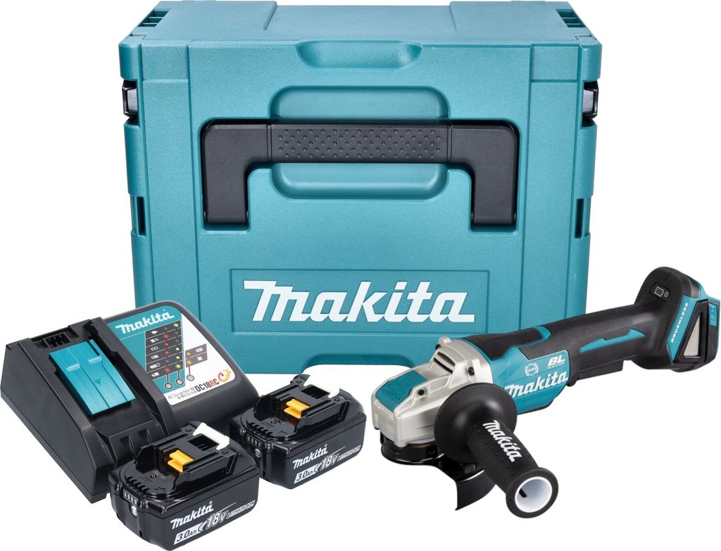 Makita DGA 520 RFJX1 Akku Winkelschleifer 18 V 125 mm X-LOCK Brushless + 2x Akku 3,0 Ah + Ladegerät + Makpac