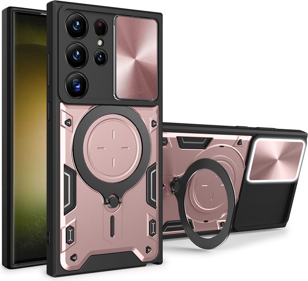 Handyhülle für Samsung Galaxy S23 Ultra Dual-Layer Stoßfest Rüstung Hülle mit Dia Kameraschutz und Kreisförmig Ring Ständer Roségold