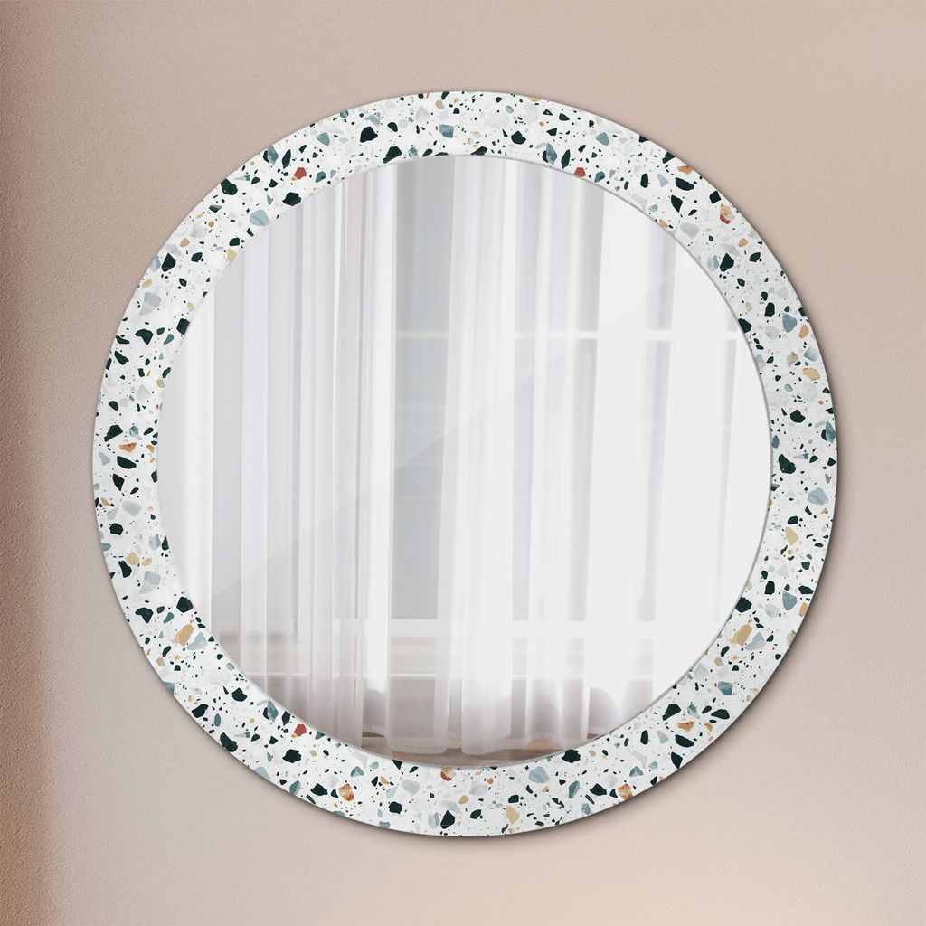 Ø80cm Spiegel - Glasrahmen mit Aufdruck - Wandspiegel Schlafzimmer - natürlich Stein