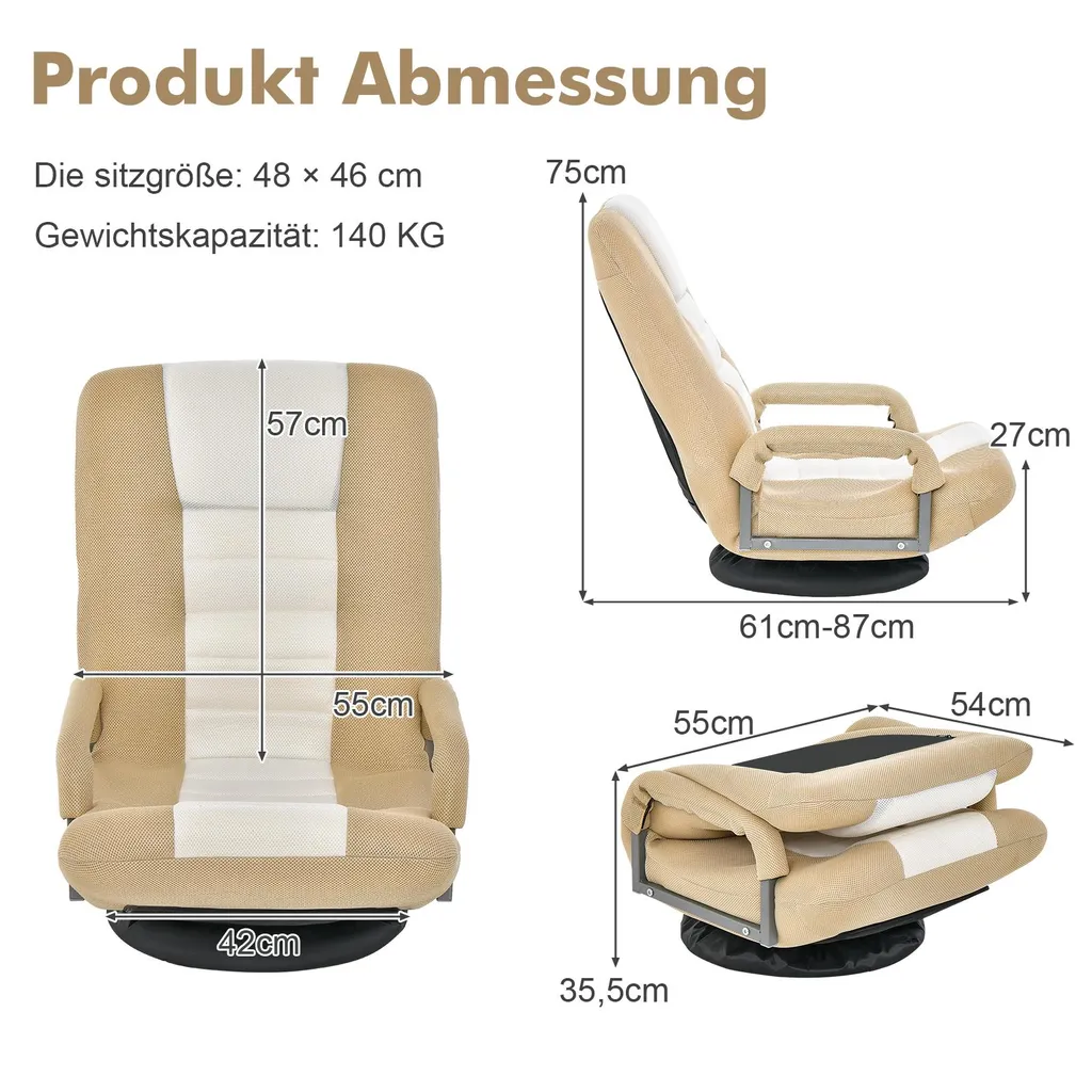 Fauteuil de sol pivotant avec dossier ajustable pour salon et bureau
