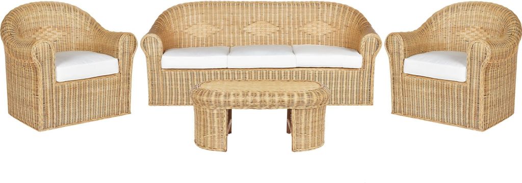 BELIANI 5-Sitzer Lounge Set Naturfarben Rattan Geflochten Sofa mit Couchtisch 2 Sesseln und Weißen Kissen Boho Möbel Outdoor Indoor Garten Terrasse