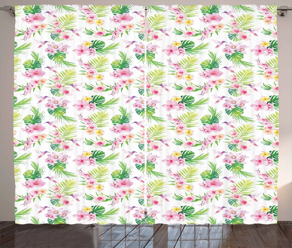 Rideau fronces ABAKUHAUS Luau, feuilles hawaïennes 280x225cm, Vert/Rose