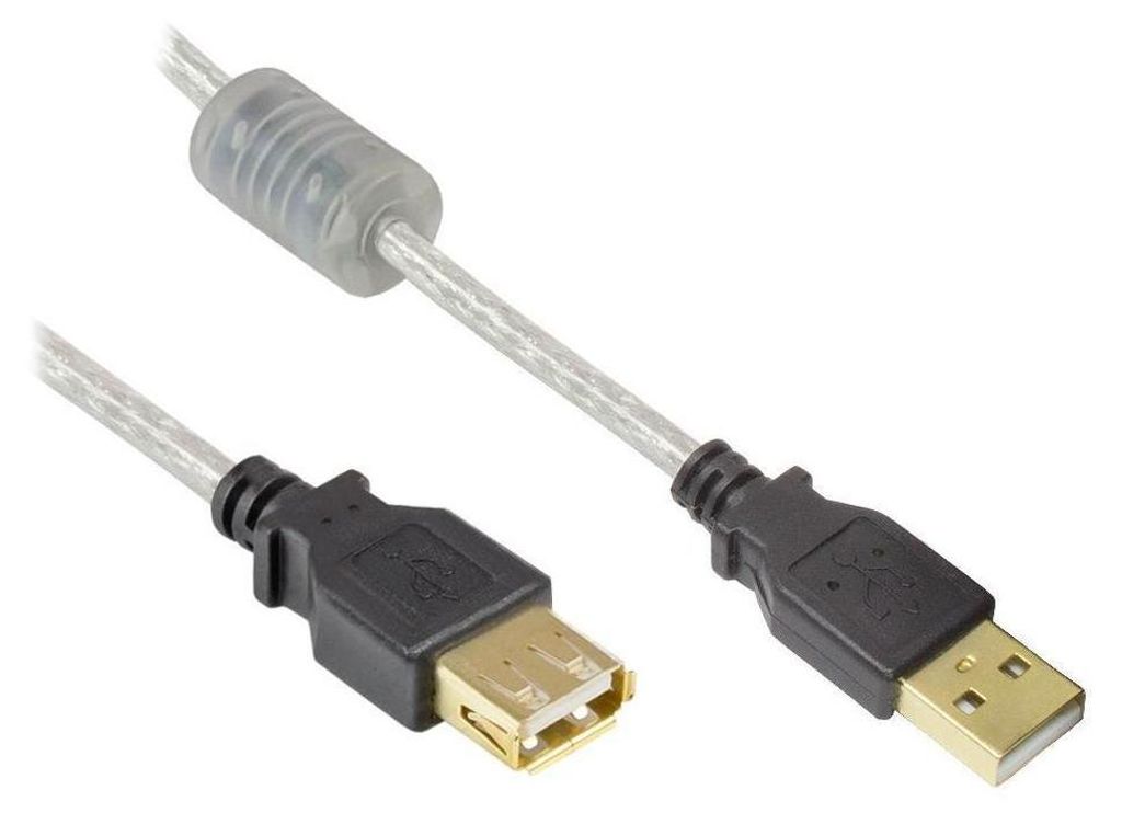 USB 2.0 Verlängerungskabel 5m mit Ferritkern, transparent