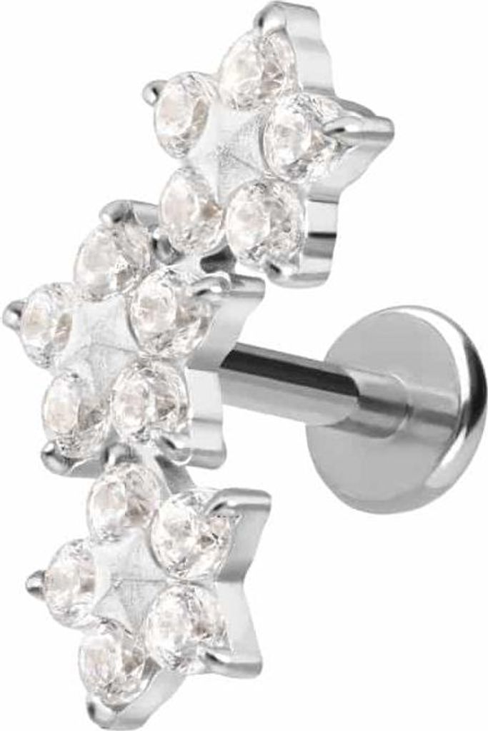 Ohrpiercing, Nasenpiercing Titan Labret mit Push Fit 3 KRISTALLBLUMEN Silber Stablänge: 9mm | Stabstärke: 1,2mm