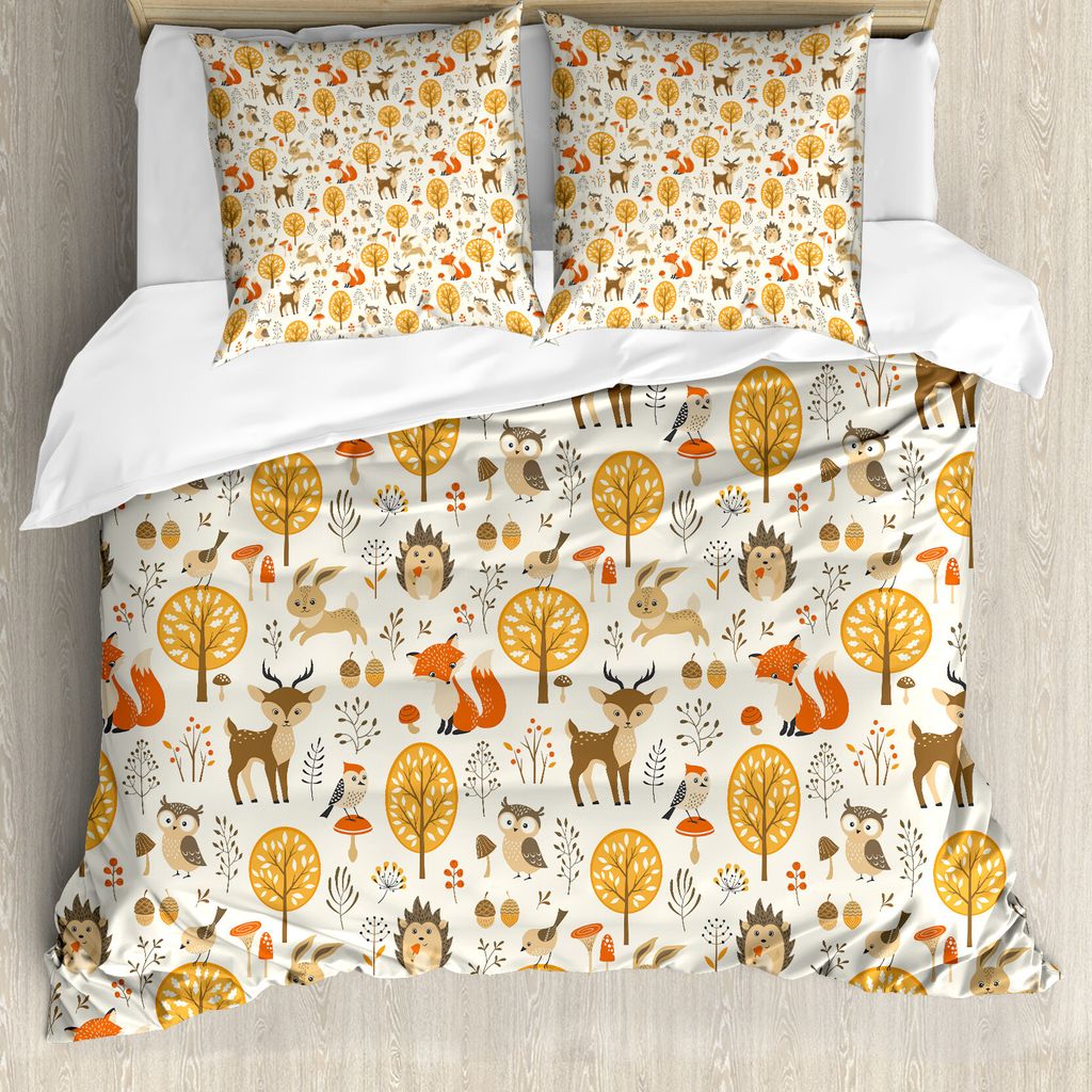 ABAKUHAUS Karikatur Bettbezug, Baby-Eulen Deers Vögel, Milbensicher Allergiker geeignet mit Kissenbezügen, 200 cm x 200 cm - 80 x 80 cm, Marigold...