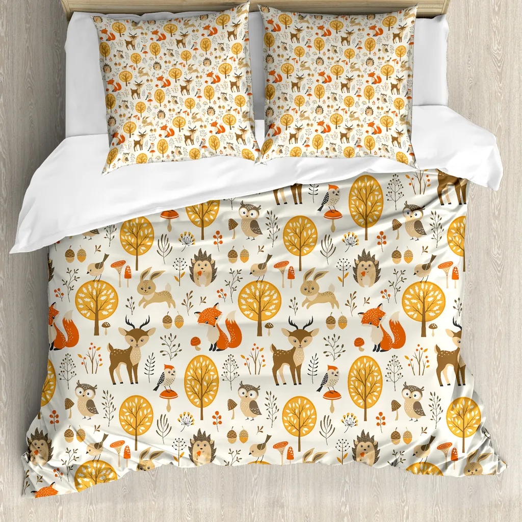 Linge de lit 2 places 200x200 cm avec motifs animaux forêt orange crème