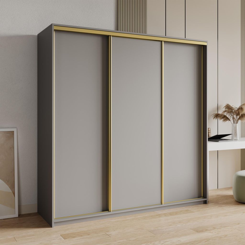 Masseno Schiebetürenschrank NISSE 180/205/60 cm Kleiderschrank mit 4 Schubladen Schlafzimmer Schrank 3-türig Graphitfarben