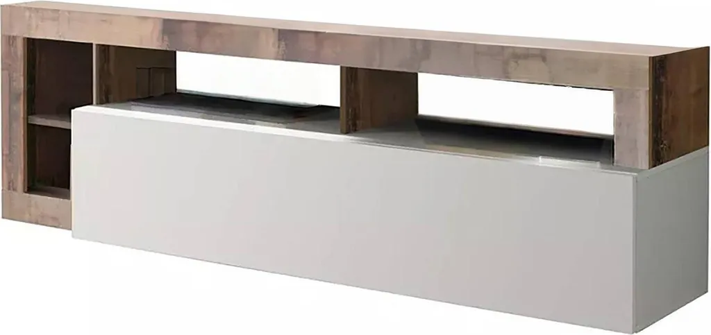 Banc TV design laqué blanc avec rangements pour grand écran salon