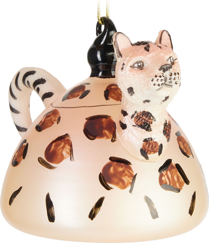 BRUBAKER Teekanne Leopard Weihnachtskugel aus Glas - Handbemalt - Christbaumschmuck Lustig - Christbaumkugel Figuren Weihnachtsdeko