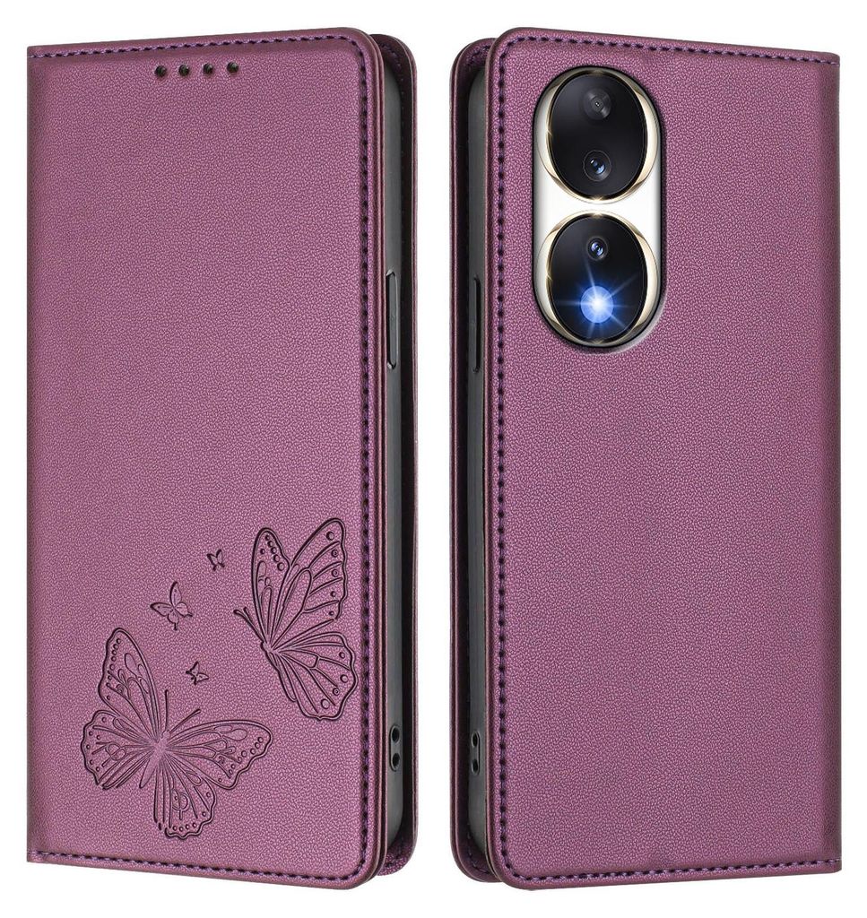 Lederhülle für Honor 90, Schmetterling Prägung Leder Brieftasche Schutzhülle mit Ständer Lila