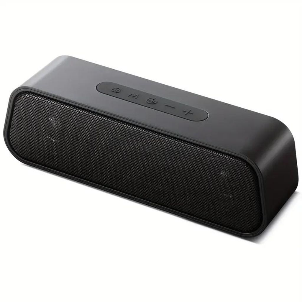 A black portable Bluetooth speaker is shown against a white background.