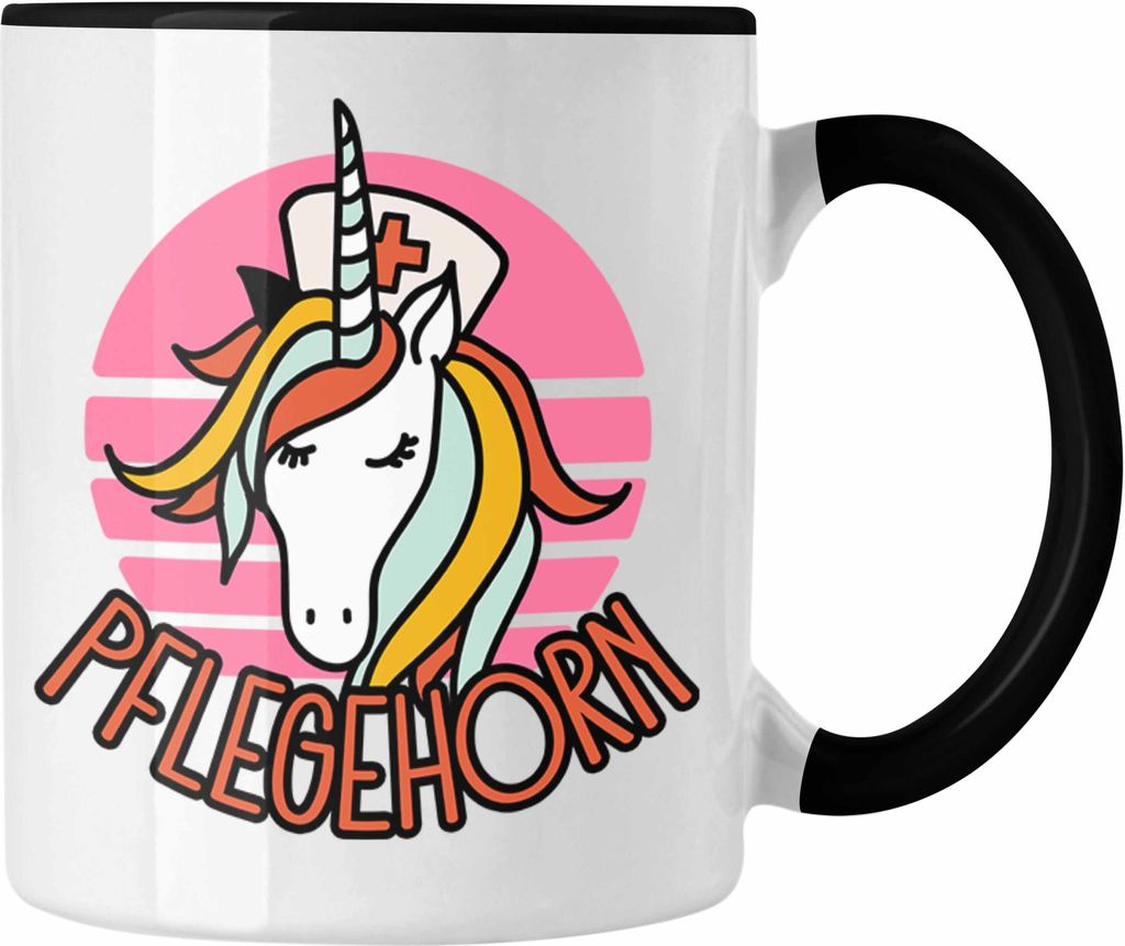 Trendation - Lustige Pflege Geschenkidee für Pflegerinnen Tasse Einhorn "Pflegehorn" Spruch (Schwarz)
