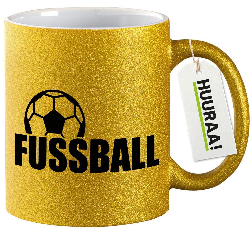 Huuraa Glitzertasse Fussball Ball 330ml Gold Keramik Kaffeebecher Geschenkidee