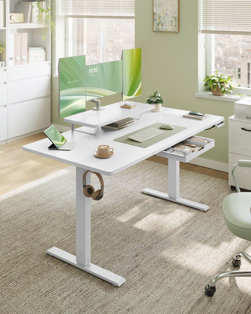 VASAGLE Höhenverstellbarer Schreibtisch, 140 cm, USB-C-Anschluss, Erinnerung bei langem Sitzen, flexibel montierbarer Monitorständer
