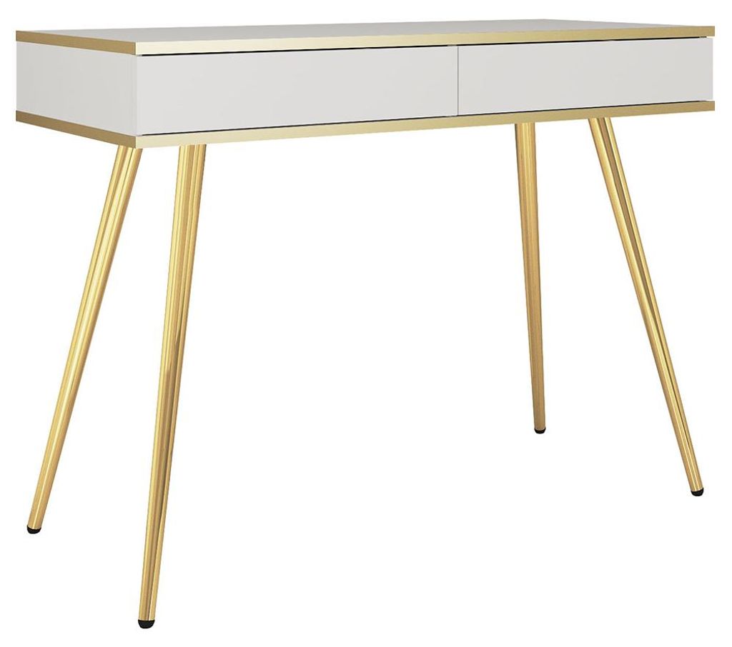 Schlafzimmer Schminktisch mit 102 cm Breite in Weiß, 2 Schubladen & goldfarbenen Füßen - OLOVO-160