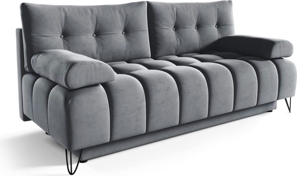 Dekoriertes Sofa , Schlafsofa Brody Dunkelgrau - Sofa mit Bettkasten , Bettsofa mit Schlaffunktion , Ziersteppung , Zierkissen , Wohnzimmereinricht...