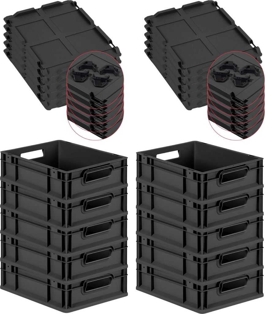 SuperSparSet 10x Eurobox NextGen Grip mit Scharnierdeckel und schwarzen Schiebeschnappverschlüssen | HxBxT 12x30x40cm | 11 Liter | Schwarz | Griff...