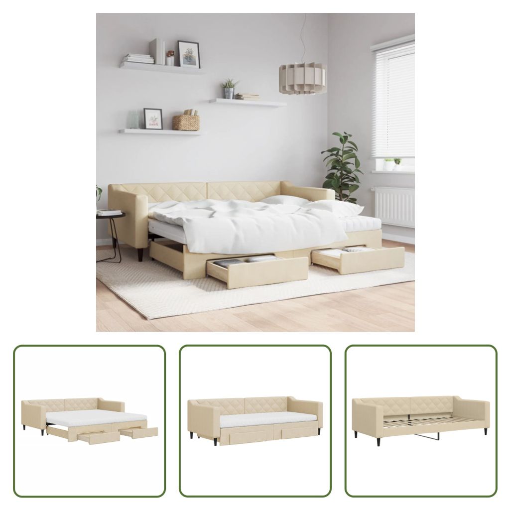 The Living Store Tagesbett Ausziehbar mit Schubladen Creme 90x200 cm Stoff