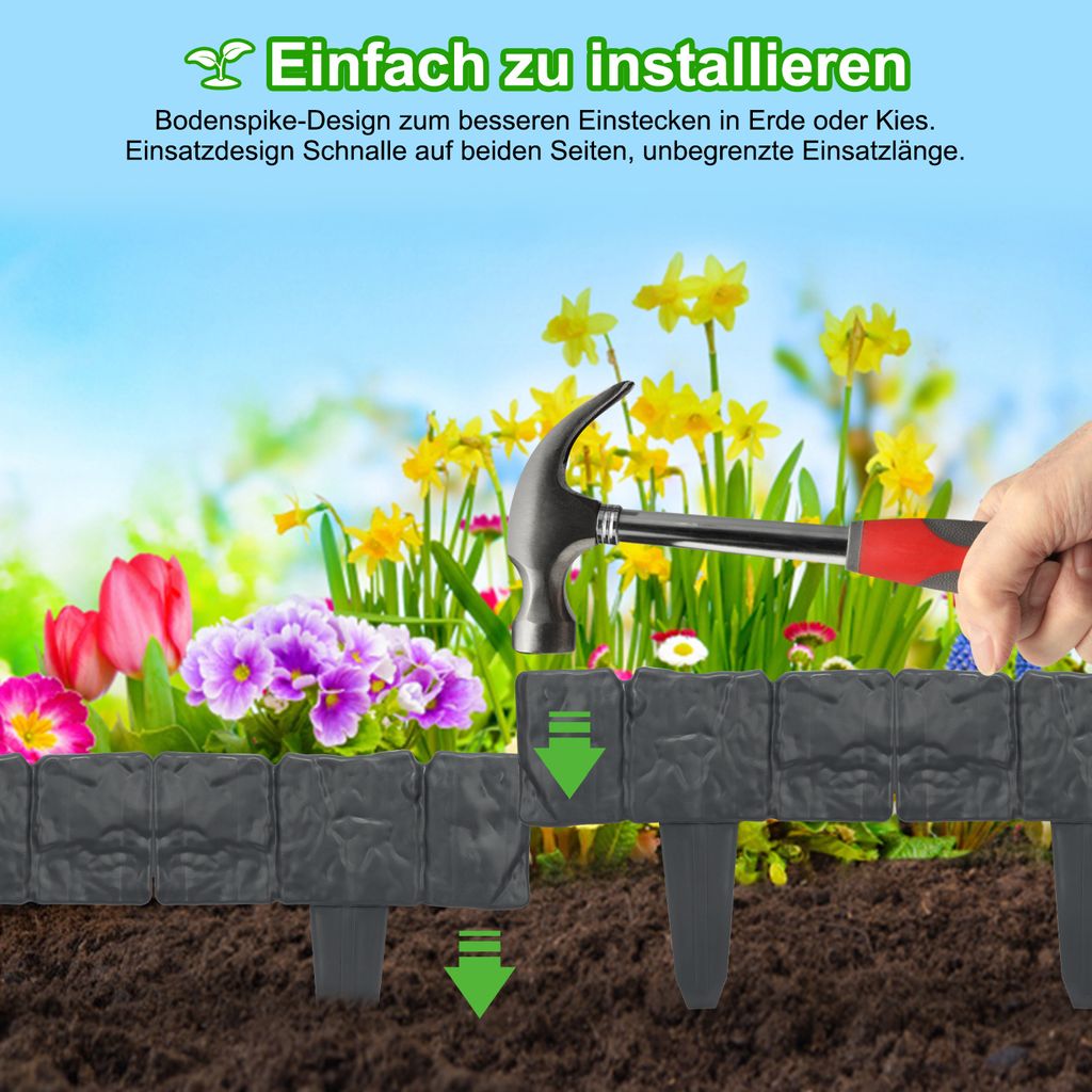Rasenkante Stein Beeteinfassung Beetbegrenzung PP-Rasenkanten kunststoff für Garten,Wiese LxH 25x23cm 50-teilige/12,5M Anthrazit