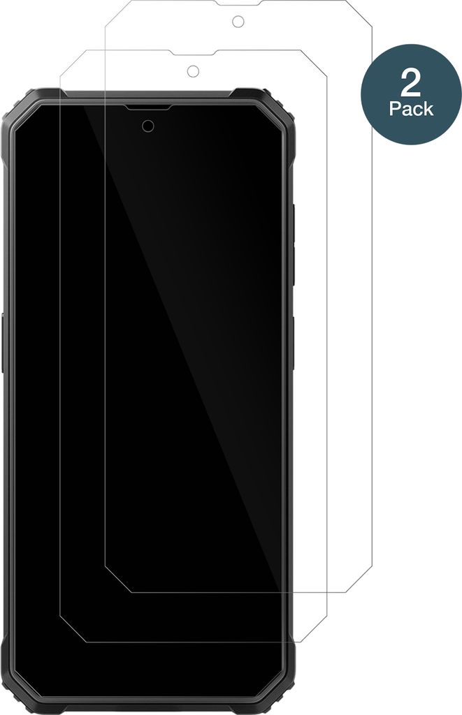 Two screen protectors are shown, one placed on a black smartphone.