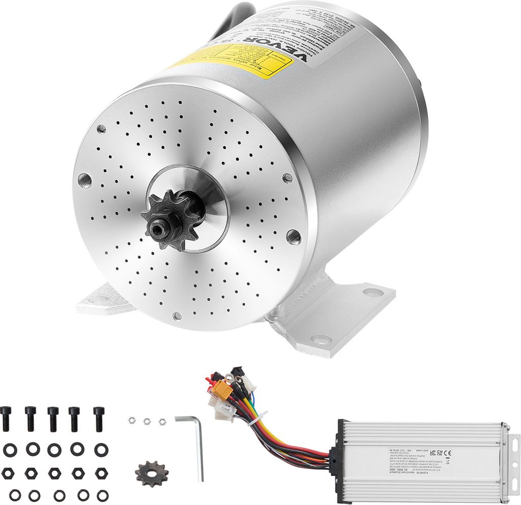 A VEVOR electric brushless DC motor kit with its controller and accessories, presented on a white background.