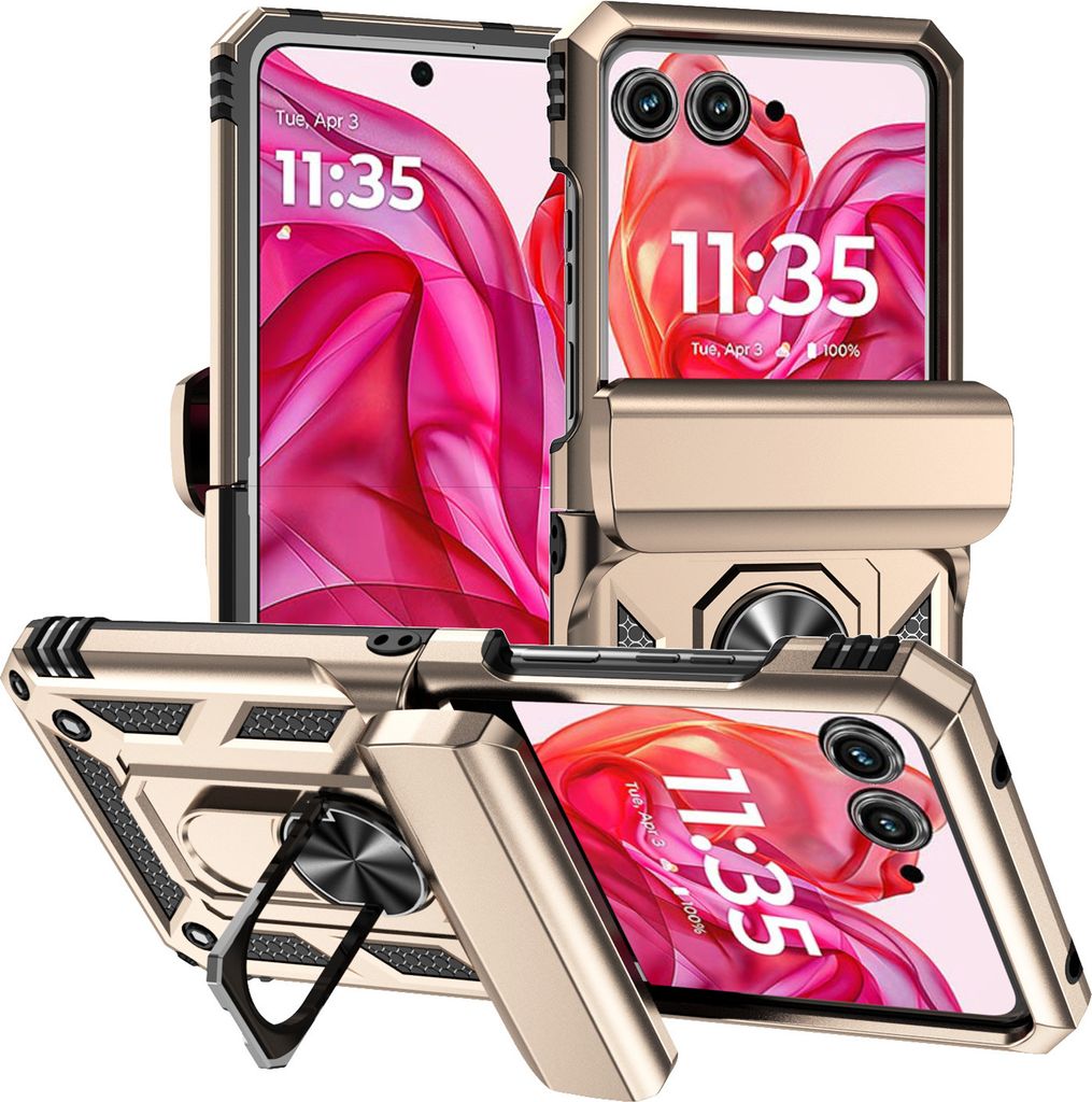 Hülle für Motorola Razr 50 / razr 2024 Hybrid Schutzhülle mit Ring Kickstand und Scharnierabdeckung Gold