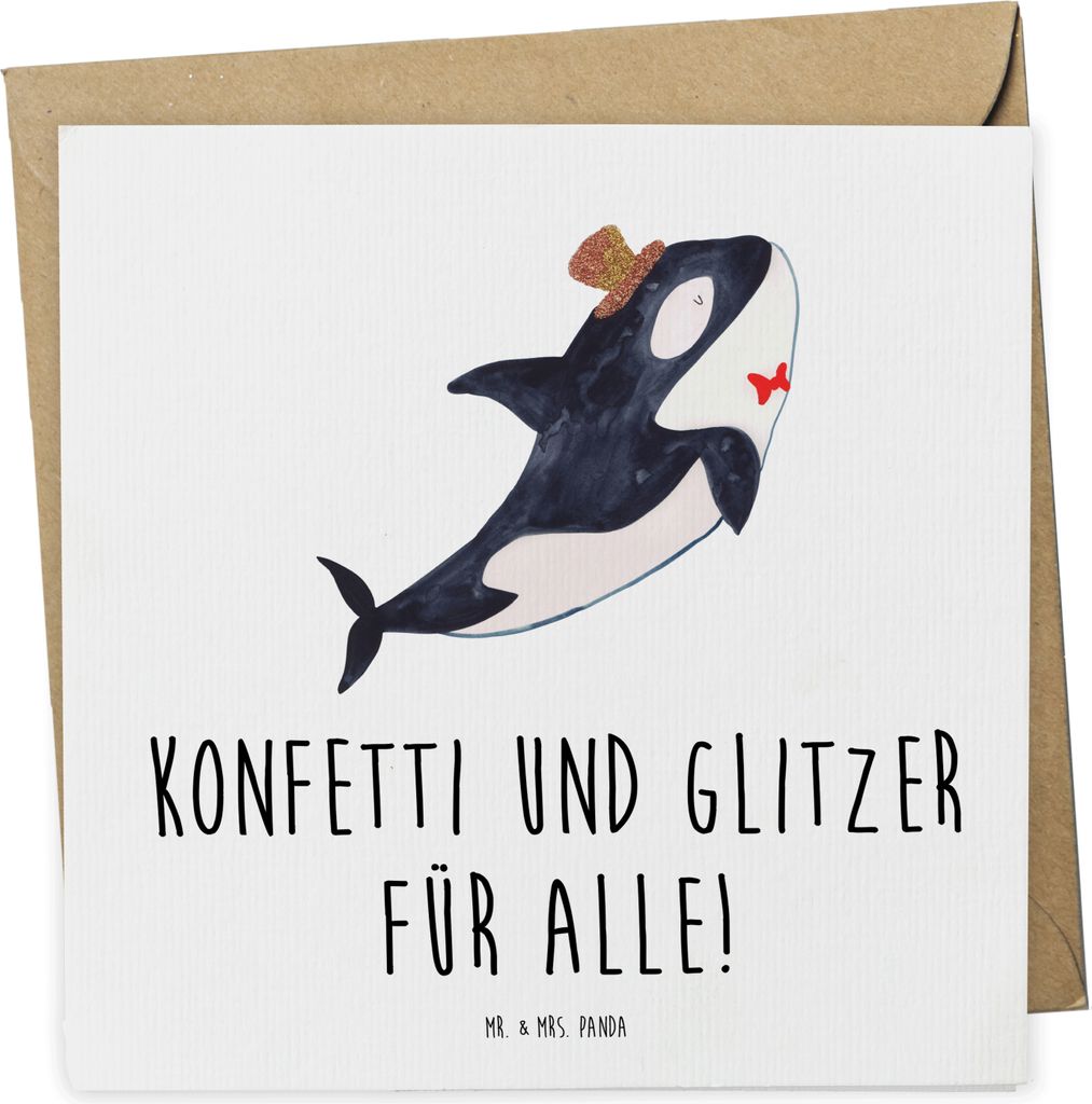 Mr. & Mrs. Panda Grußkarte Orca Zylinder - Weiß - Geschenk, Klappkarte, Fest, Glückwunsch, Glitter, anlasskarte, doppelkarte, Glückwunschkarte,...