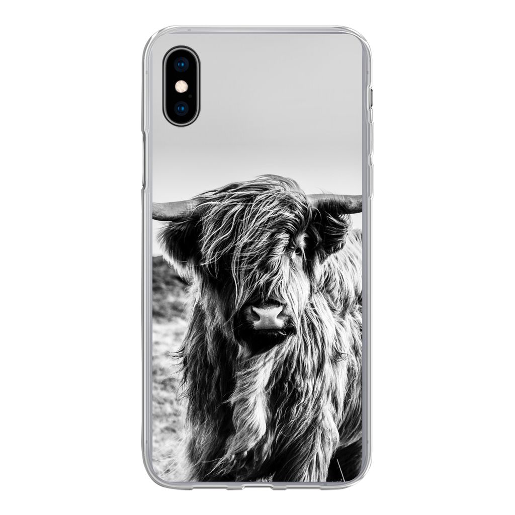 MuchoWow Handyhülle Schutzhülle Hülle für iPhone Xs Kuh - Schottischer Hochländer - Schwarz - Weiß - Tier - Natur - Wildtiere Silikon Softc...