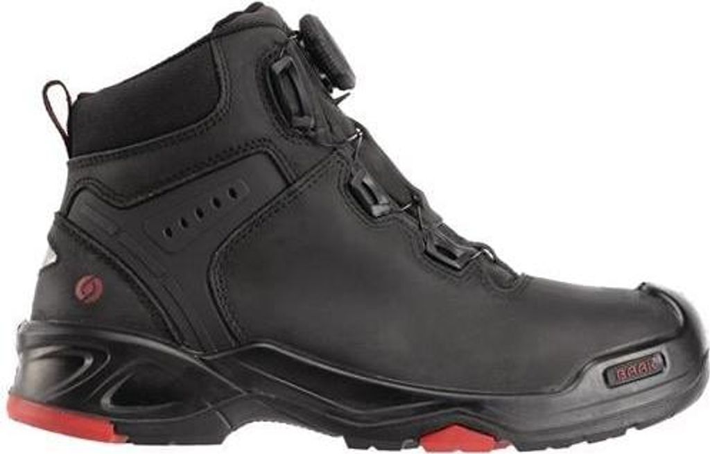 A black and red safety boot shown from the side.