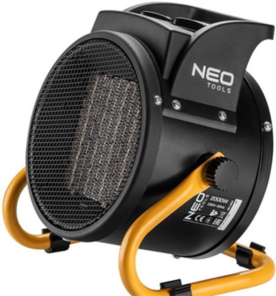 A black and yellow electric heater with a mesh front and a stand.