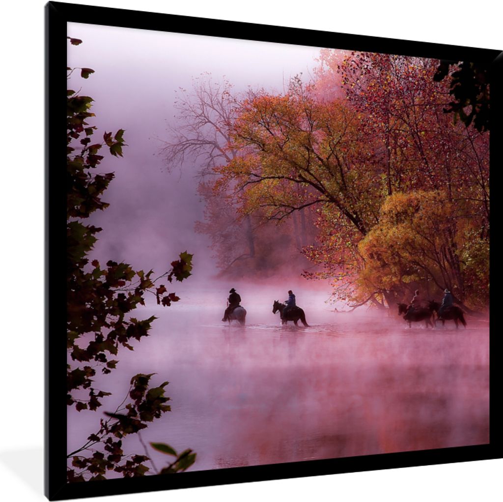 MuchoWow Gerahmtes Poster Pferde - Nebel - Wald 40x40 cm - Poster mit Schwarzem Bilderrahmen Wandposter Rahmen Foto Bilder - Mit Rahmen - Wanddek...