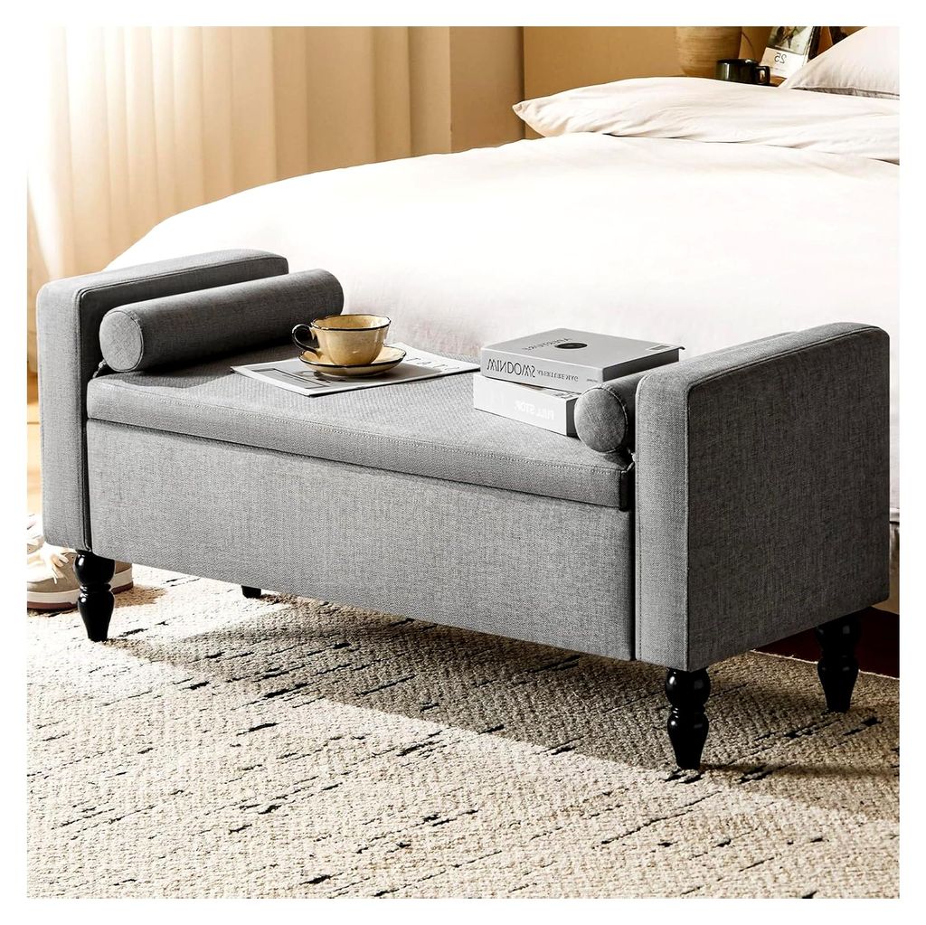 Sitzbank mit Stauraum 116cm, Leinen Aufbewahrungsbank mit Massivholzbeinen & abnehmbaren Kissen, Grau - für Schlafzimmer, Flur, Wohnzimmer, Tragf...