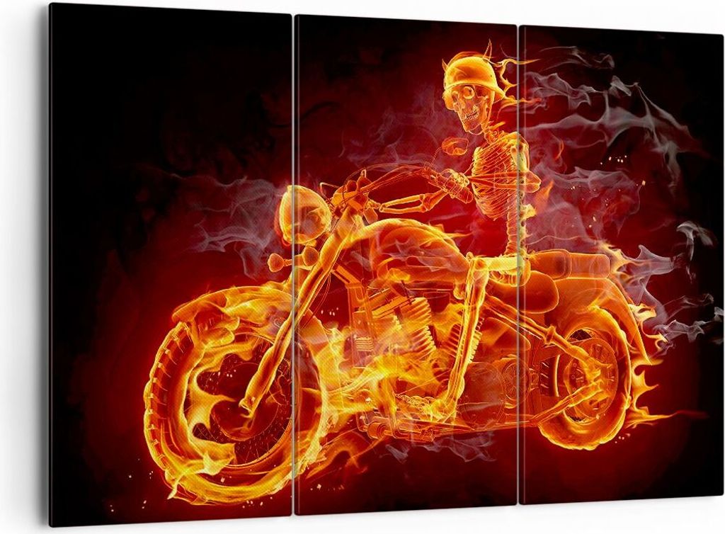 Bild auf Leinwand - Leinwandbild - Motorrad Flammen Skelett - 165x110cm - Wand Bild - Wanddeko - Leinwanddruck - Bilder - Kunstdruck - Wanddekorati...