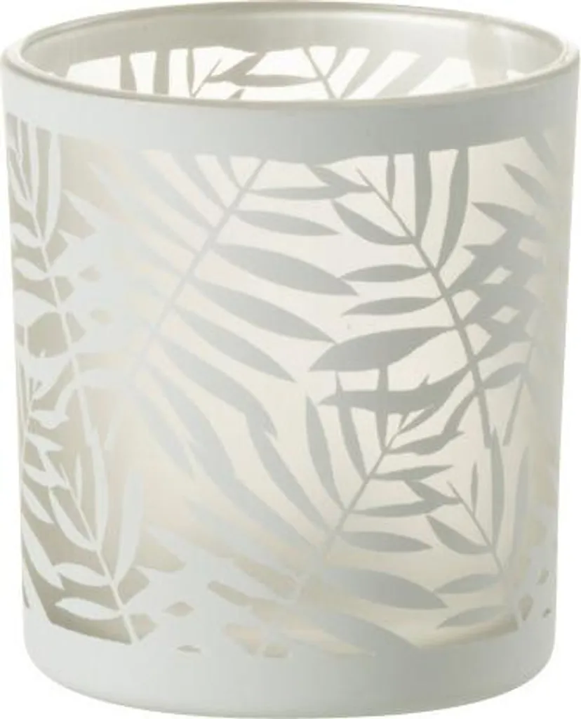Photophore en Verre Blanc J-Line Motif Feuilles pour Bougie Réchaud