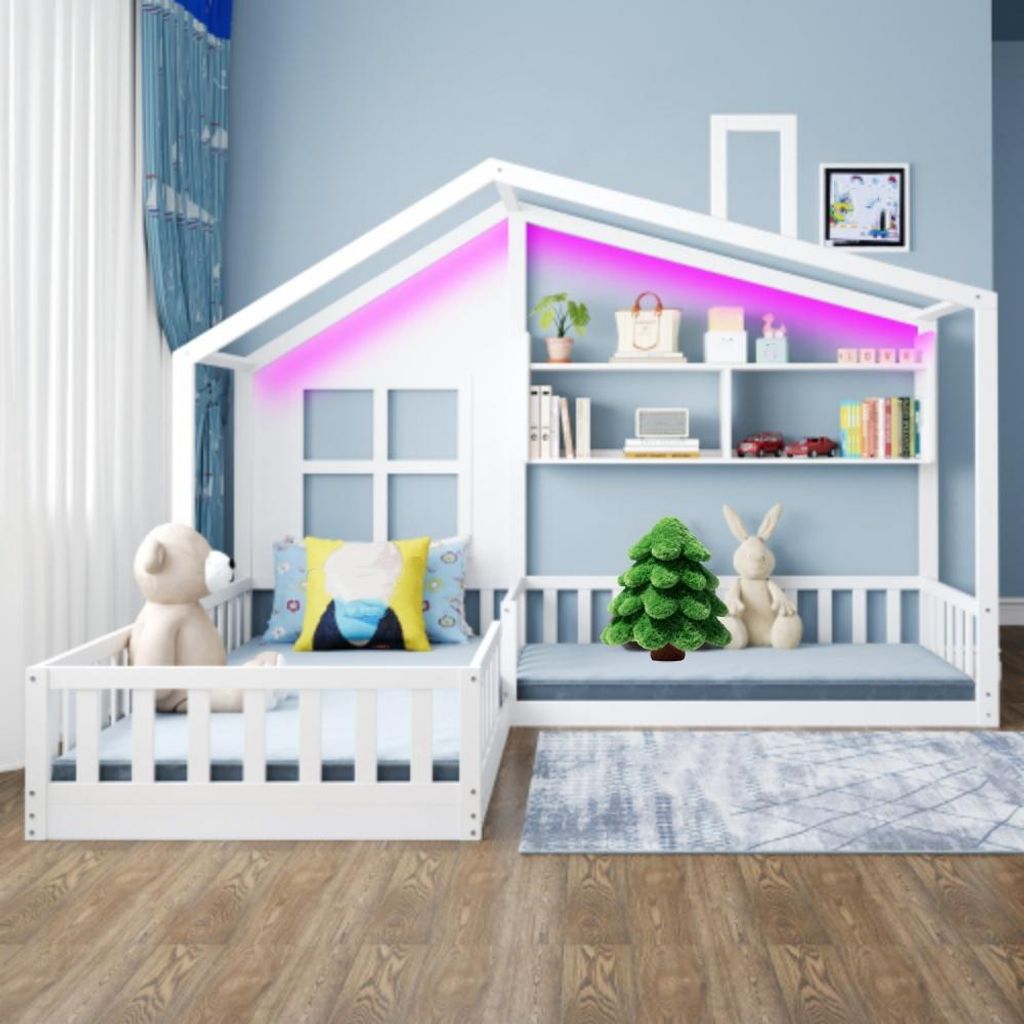 Kinderbett 90x200 cm (140x70 cm) Mit Fenster Regalen, LED-Lichtband
