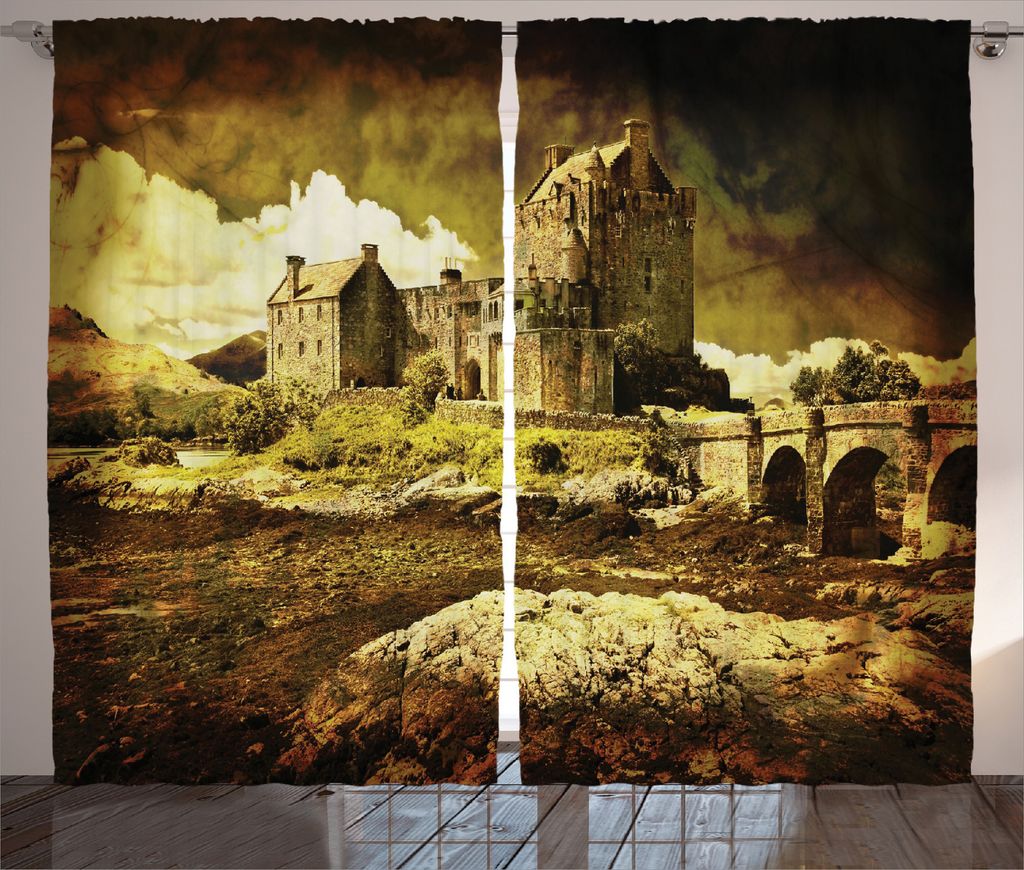 ABAKUHAUS Mittelalterlich Rustikaler Gardine, Old Scottish Castle, Schlafzimmer Kräuselband Vorhang mit Schlaufen und Haken, 280 x 245 cm, Grau Grün