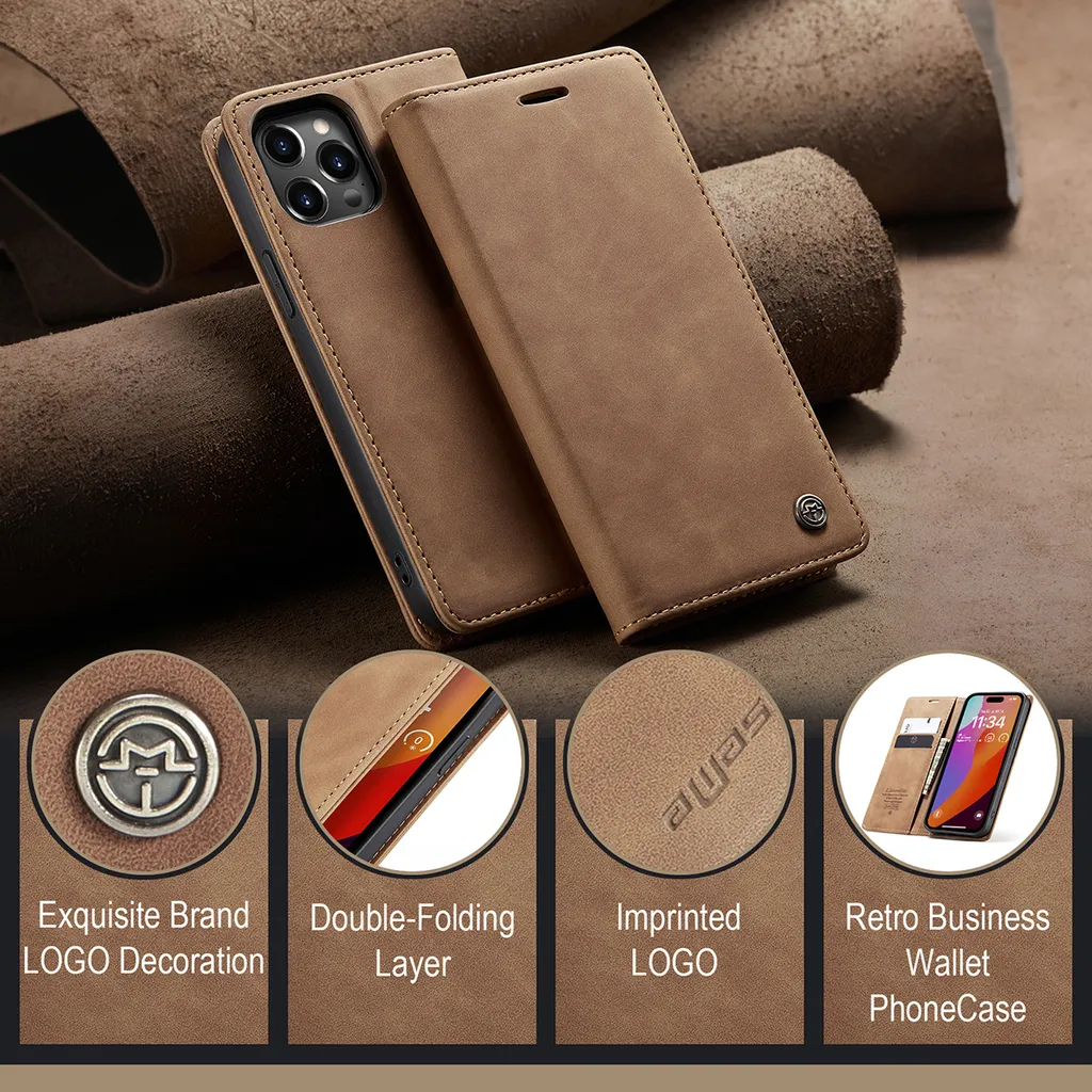 Custodia iPhone 15 Pro con Cavalletto - Cover Marrone Effetto Cuoio - 2