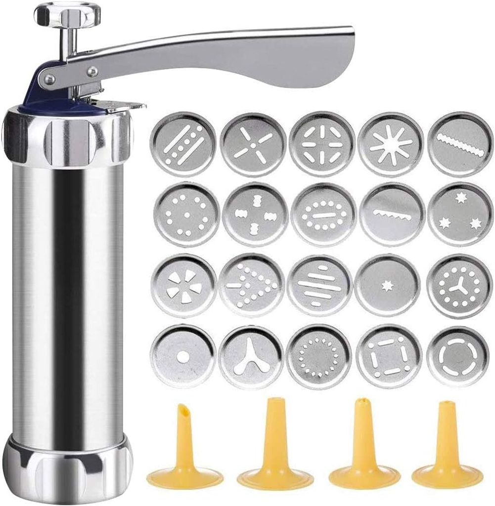 Cookie Press Aus Aluminium Kekspresse-Set, Keksmaschine Geb?ckpresse mit 20 Aufs?tzen fš¹r dš¹nnen Teig, Edelstahl, Silber