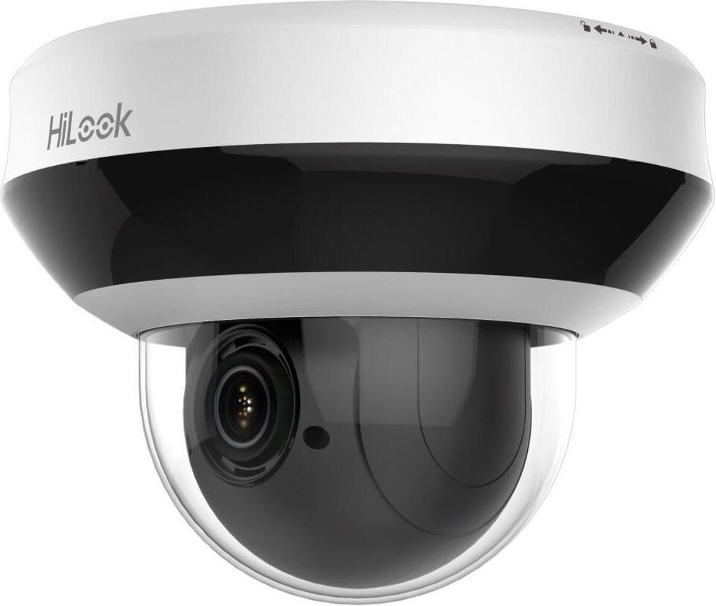 A close-up studio shot of a white and black dome security camera.