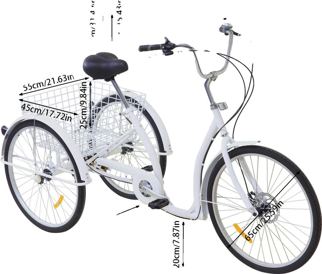 Erwachsenen-Dreirad, Robuster Rahmen, Großer Hinterkorb, WEISS