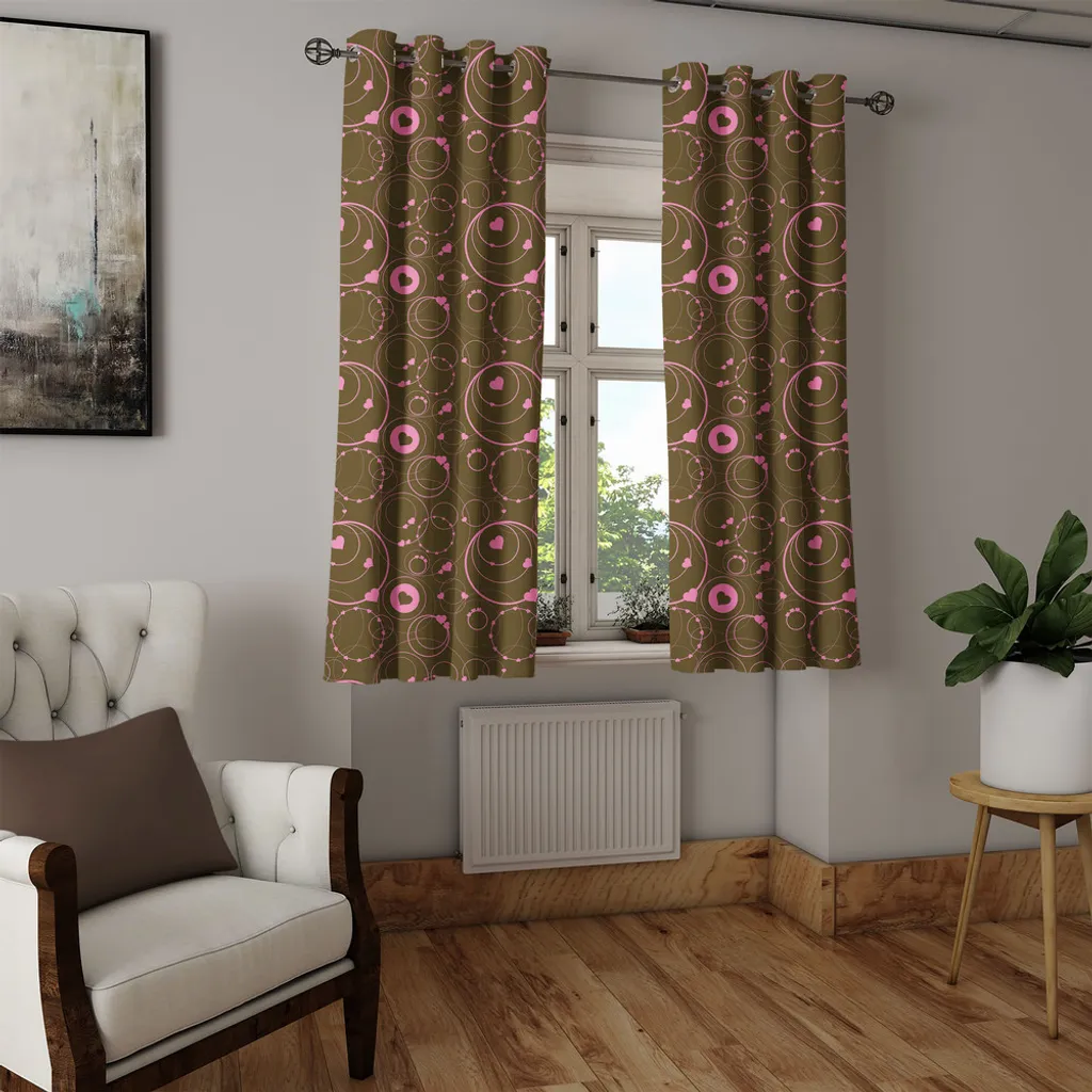 ABAKUHAUS Tenda con occhielli a forma di cuore, motivi romantici e elaborati ispirati alla festa di San Valentino con cerchi e forme rosa su sfondo scuro, tende decorative a 2 pannelli, 280 cm x 245 cm, rosa - 7