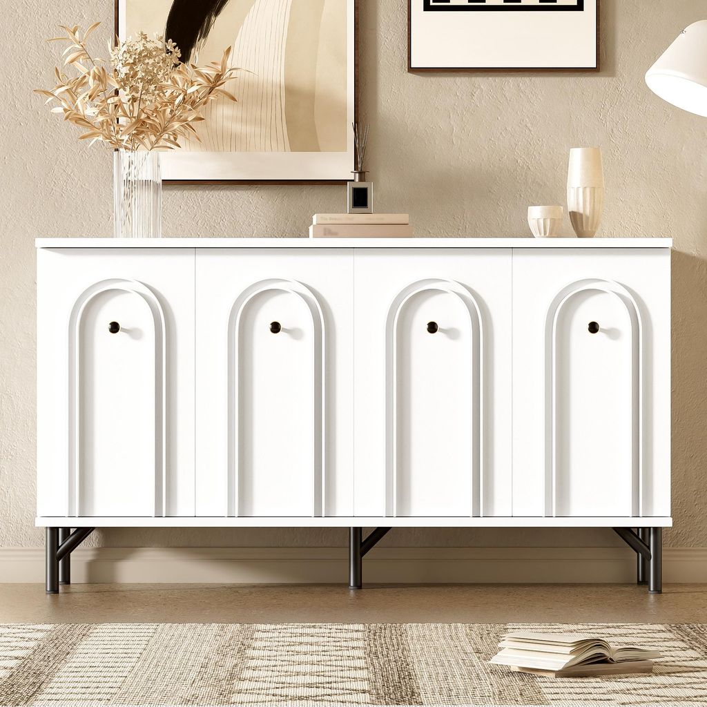 Merax Sideboard 140 cm mit 3D-Bogenfront, Soft-Close, Einlegeböden, Stauraum, Kommode Weiß matt, modernes Design, Flur Wohnzimmer Esszimmer