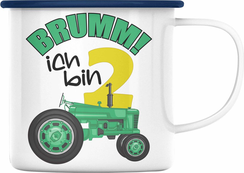 Trendation - 2. Geburtstag Emaille Tasse Geschenk Becher Zweiter Bday Geschenkidee 2 Jahre Alt Baby Junge Jungs KakaoEmaille Tasse Traktor (Blau)