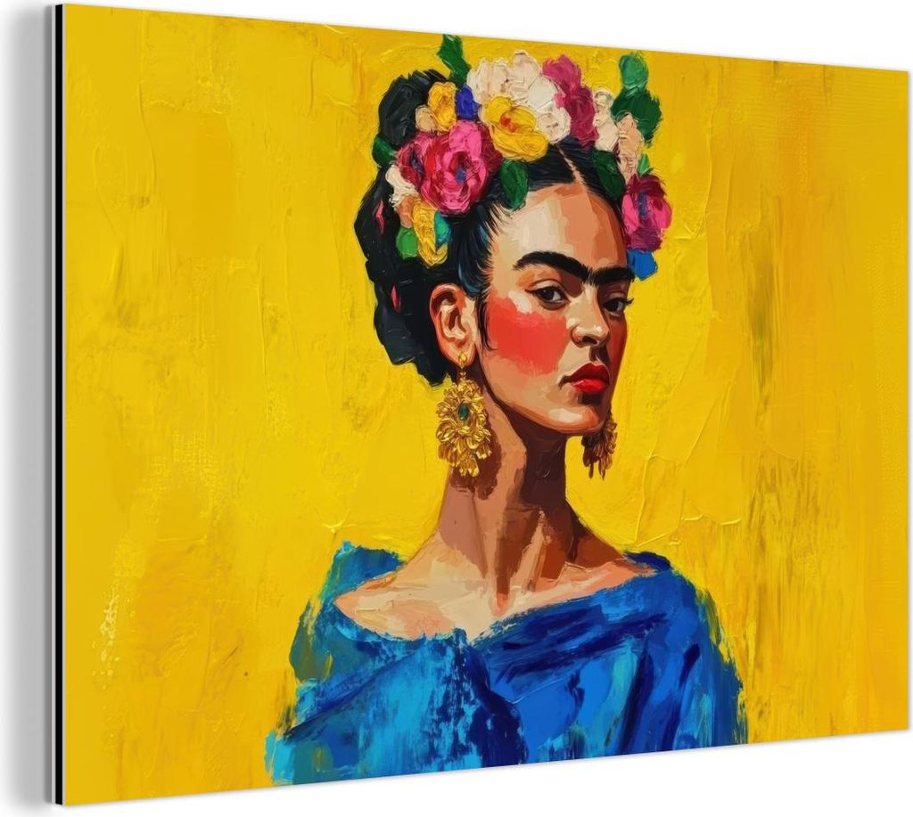 MuchoWow Wanddekoration Metall Metallbild Wandkunst 60x40 cm Frida Kahlo - Frau - Gelb - Blau - Blumen MuchoWow Aluminium Gemälde - Gemälder