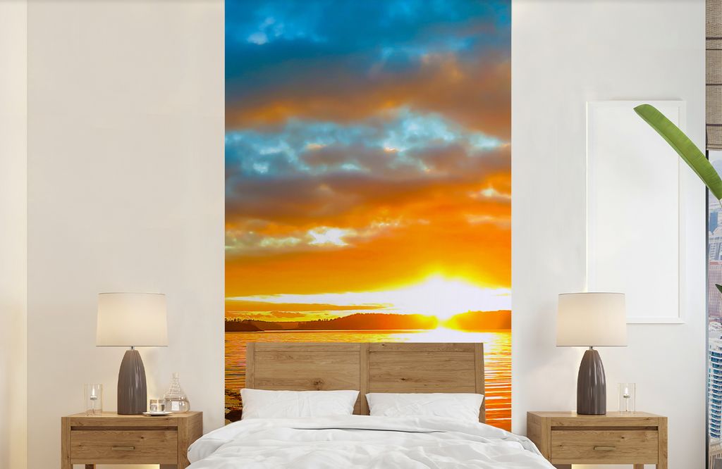 MuchoWow Fototapete für Wohnzimmer oder Schlafzimmer Wandtapete Vinyl Motivtapete Sonne - Landschaft - Wasser - Bäume - 120x240 cm - Hintergrun...