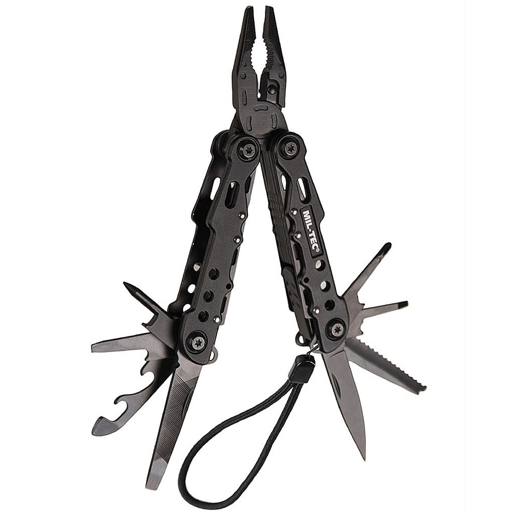 A black multi-tool is displayed against a white background.