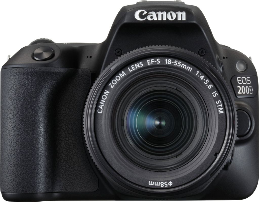 A front view of a black Canon EOS 200D camera with a lens attached, set against a plain white background.