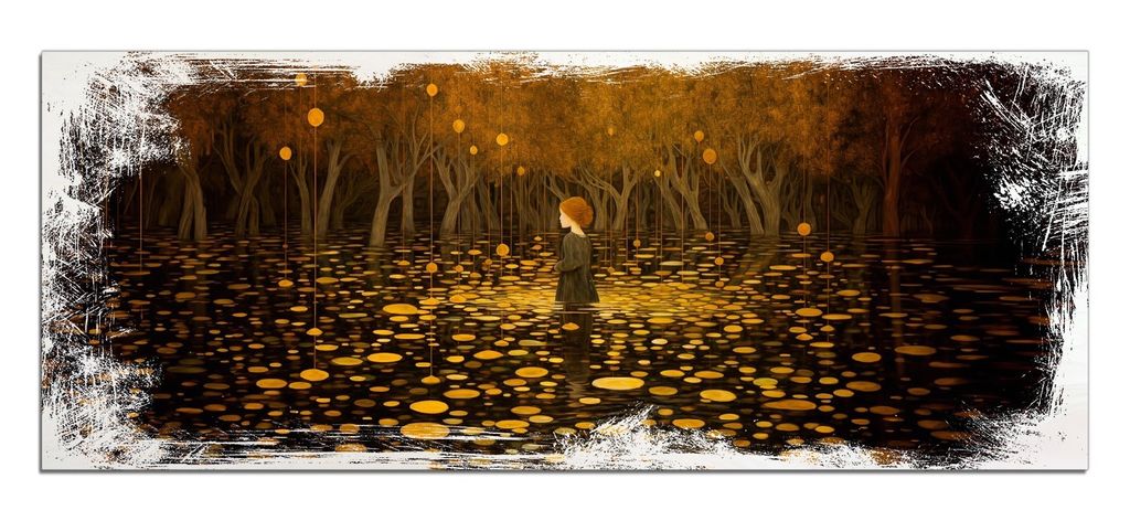 Wallario Kunstdrucke Wandbilder Holz in : Brillante Farben, Größe 50 x 125 cm Motiv Goldener Wald